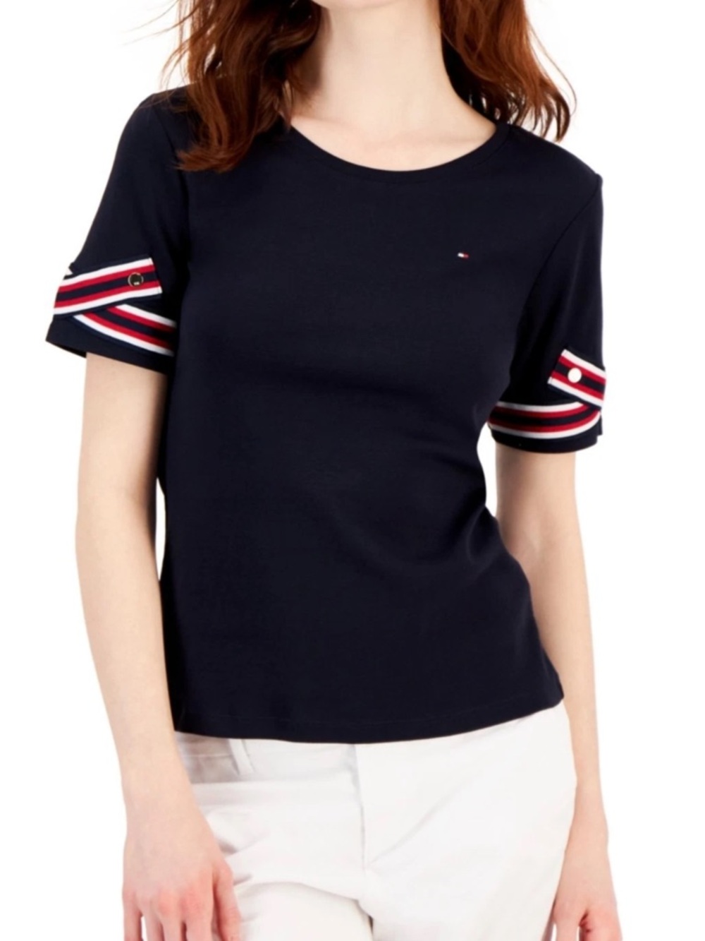 Tommy Hilfiger Navy Short Sleeve Tee with Red & White Sleeve Bands XXL